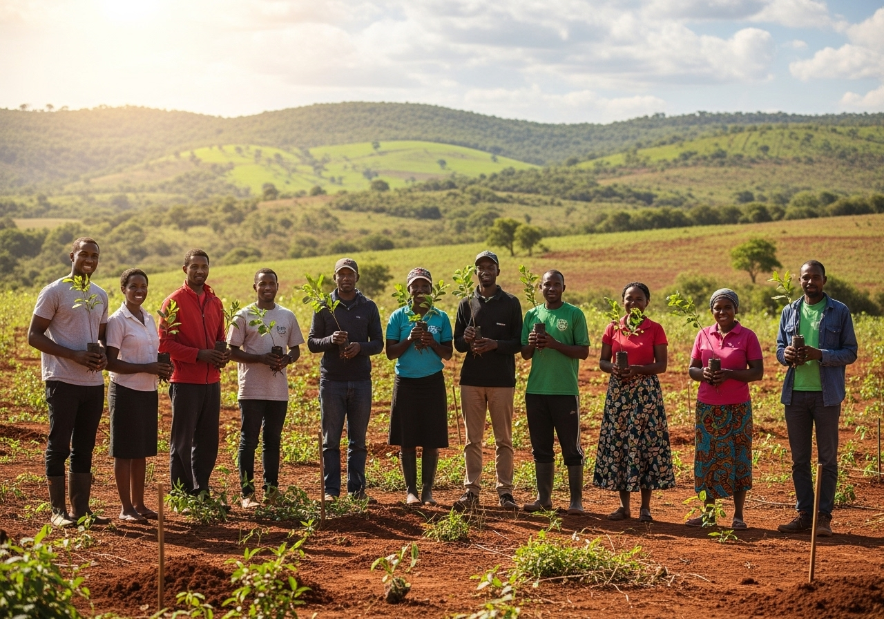African community members planting trees in reforestation project